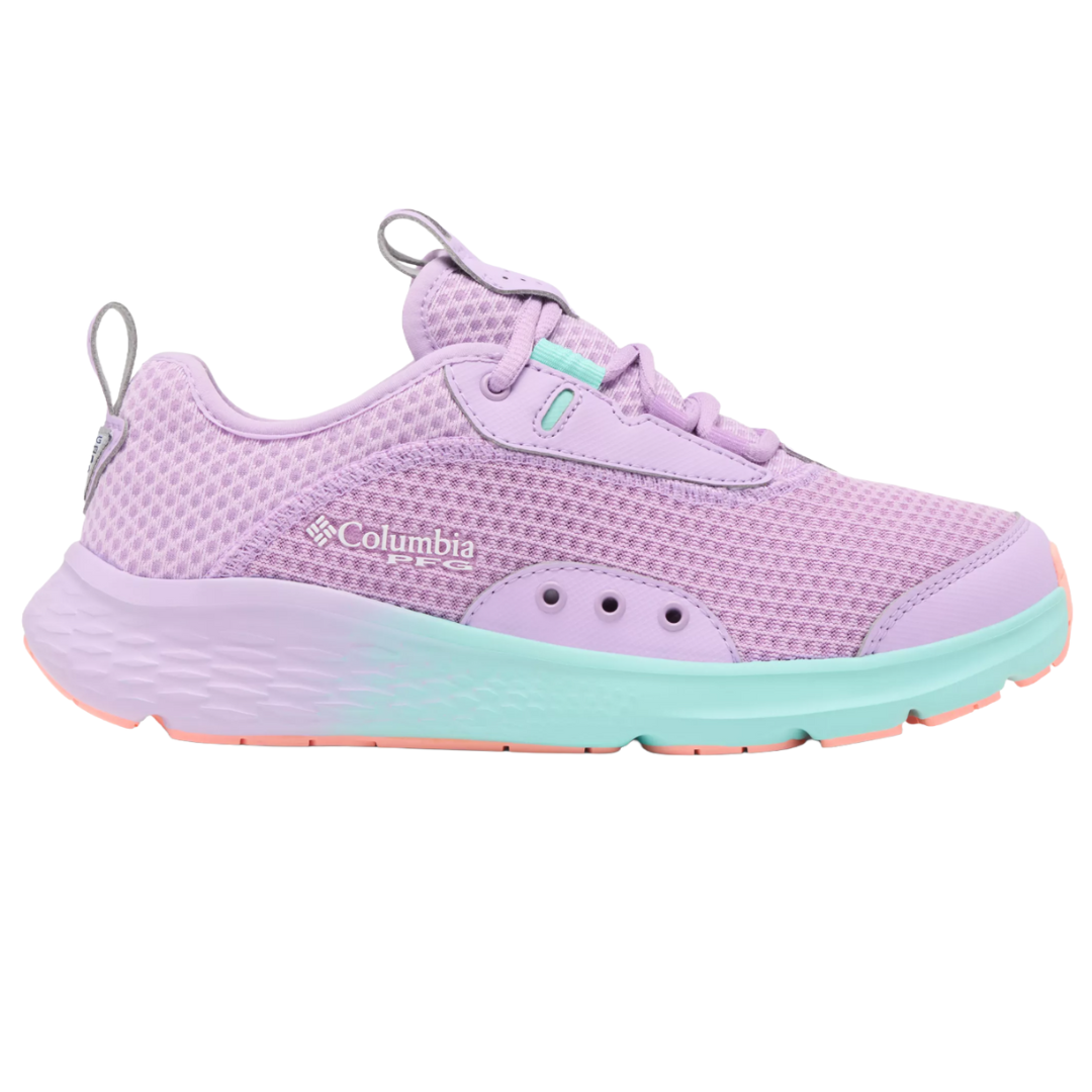 Light purple athletic shoe with mesh upper, turquoise midsole, and coral accents, featuring the Columbia logo.