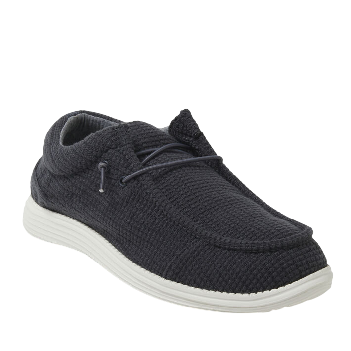 Casual dark navy shoe with a textured fabric upper, elastic laces, and a contrasting white sole designed for comfort and everyday wear.