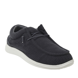 Casual dark navy shoe with a textured fabric upper, elastic laces, and a contrasting white sole designed for comfort and everyday wear.