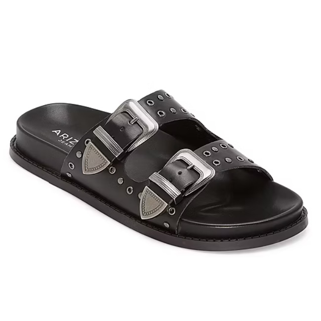 Black sandal with two adjustable straps featuring silver buckles and decorative studs.