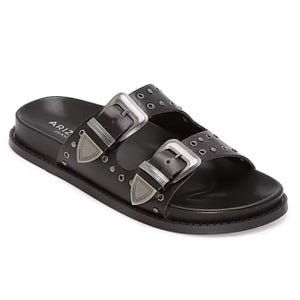 Black sandal with two adjustable straps featuring silver buckles and decorative studs.