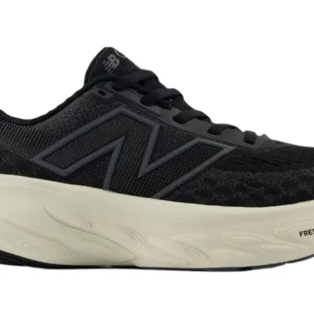 Black athletic shoe with a large \“N\“ logo and a thick white sole labeled \“Fresh Foam.\“