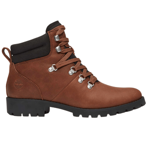 Brown leather hiking boot with a padded black collar, metal eyelets, and a rugged black sole, featuring a logo embossed on the side heel.
