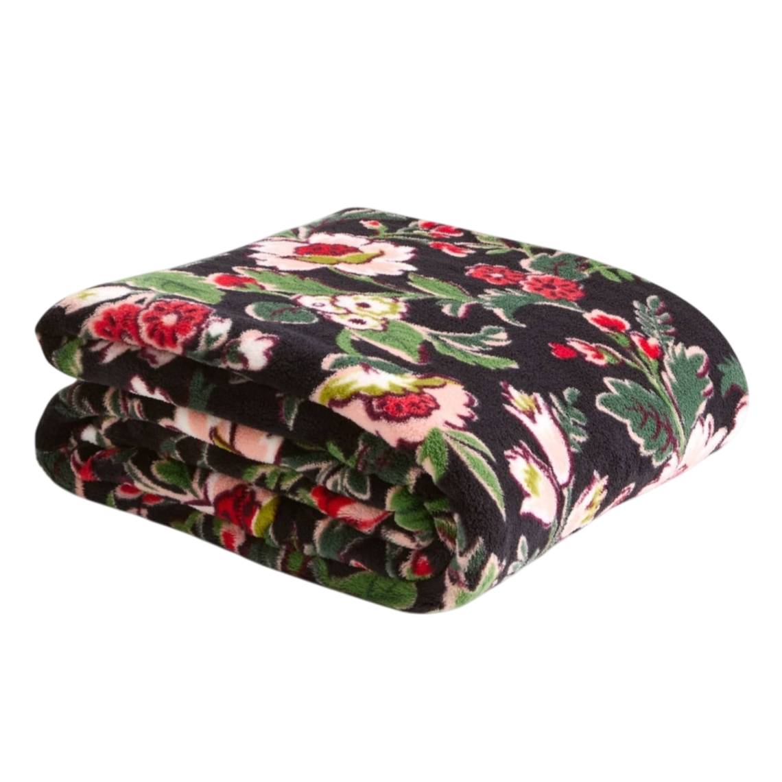 A folded fleece blanket with a black background featuring a vibrant floral pattern in red, pink, and green.