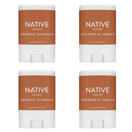Four sticks of Native brand deodorant in Coconut & Vanilla scent, each with a net weight of 0.35 oz.