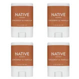 Four sticks of Native brand deodorant in Coconut & Vanilla scent, each with a net weight of 0.35 oz.