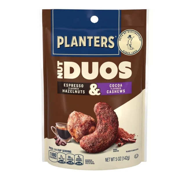 Planters Nut Duos features a combination of espresso-flavored hazelnuts and cocoa-flavored cashews in a 5 oz (142g) pack. Each serving contains 180 calories, 2g of saturated fat, 30mg sodium, and 4g total sugars.