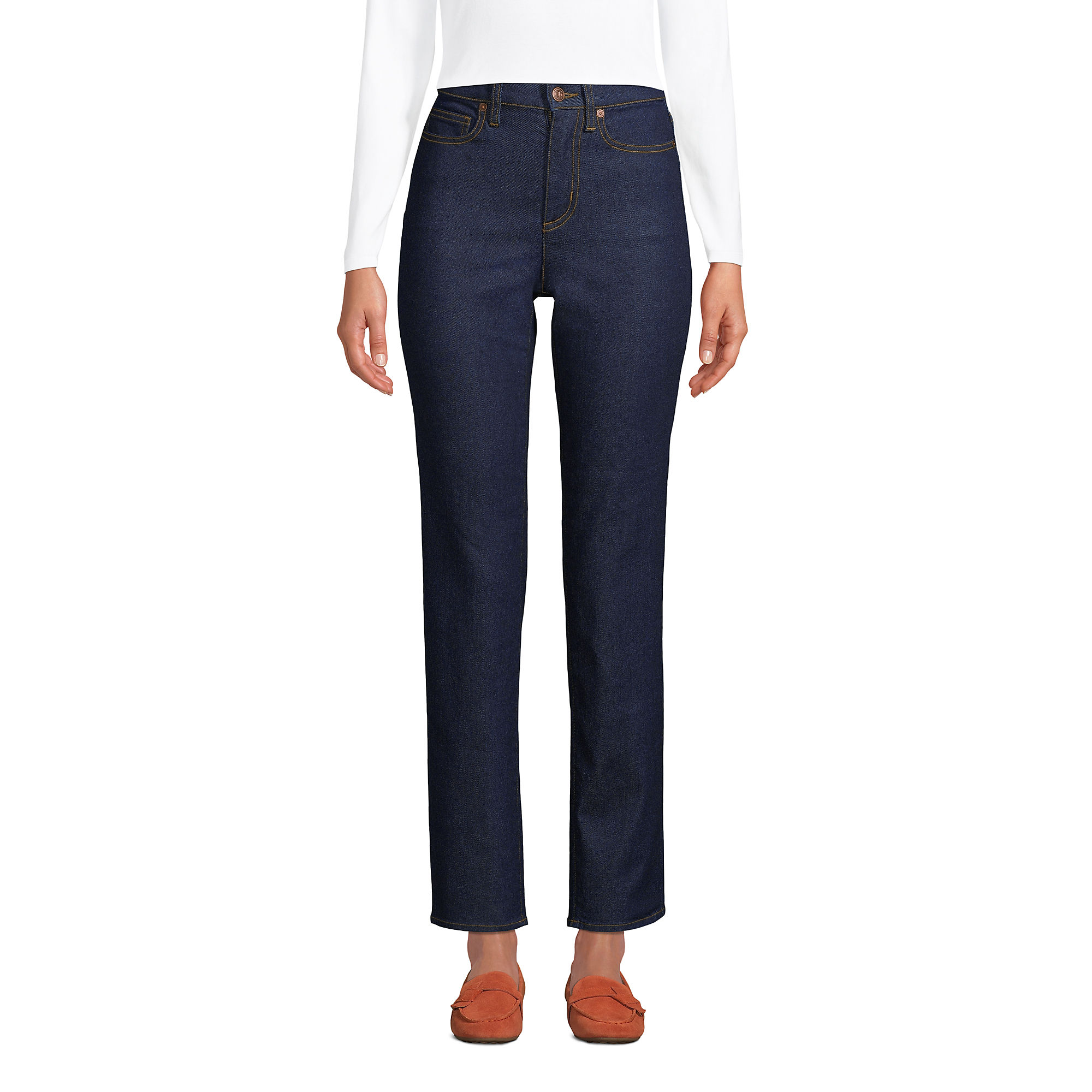 Dark blue straight-leg jeans with a high waist, contrast stitching, and tan loafers.