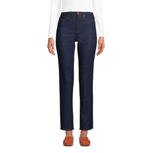 Dark blue straight-leg jeans with a high waist, contrast stitching, and tan loafers.