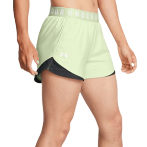 UA Play Up 3.0 Shorts are light green with a black lining. They feature a comfortable elastic waistband displaying the brand name and a small logo on the left hem, suitable for athletic activities.