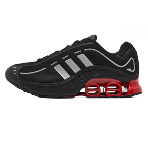 Adidas Megaride O1 Casual Shoes feature a black design with silver accents and a distinctive red spring-like sole, offering a sleek and sporty look.