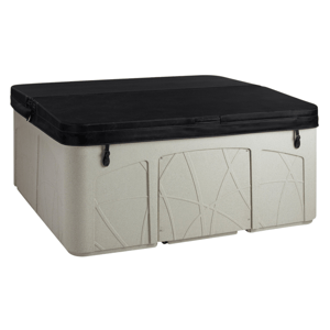 A closed square hot tub with a black cover and light gray exterior, featuring decorative geometric patterns on the side panels.