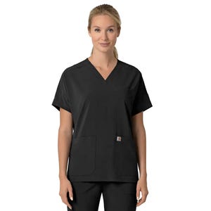 Carhartt Force V-Neck Scrubs feature a sleek black design with short sleeves, a V-neckline, and two front pockets, providing a comfortable and professional look for medical professionals.