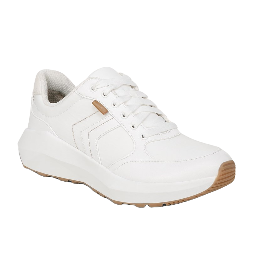 A white sneaker with a low-top design features a thick sole and beige accents on the upper and outsole.