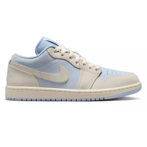 A light blue and beige Nike Air Jordan 1 Low sneaker featuring a leather upper, signature Swoosh logo, and a low-cut silhouette.
