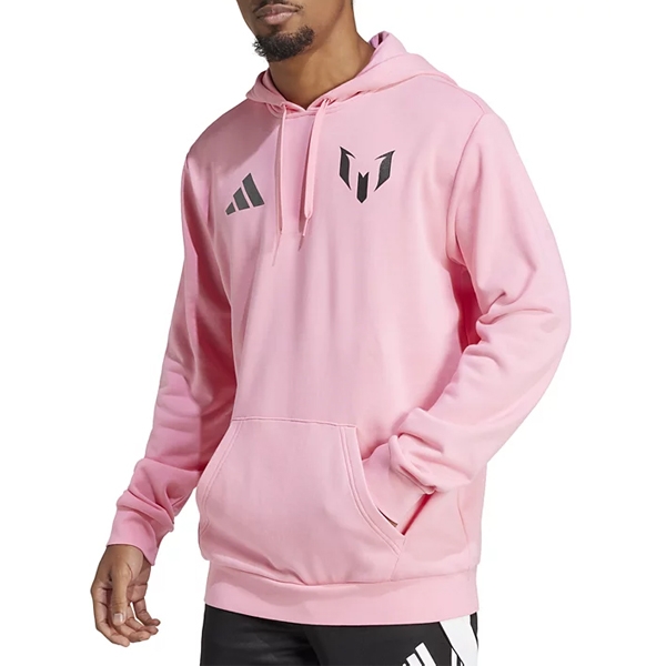 Pink hoodie featuring black logos on the chest, with a kangaroo pocket and adjustable drawstring hood.