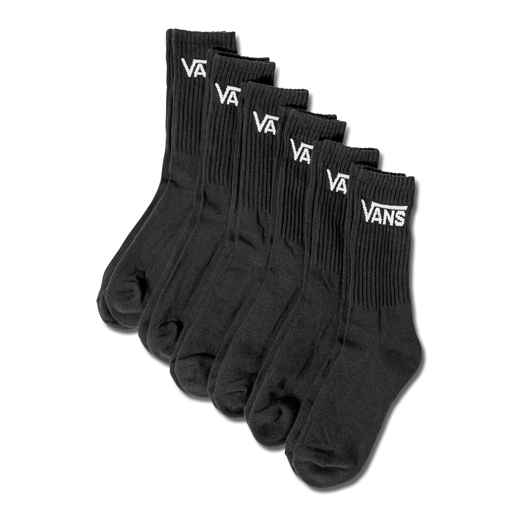 Six pairs of black crew socks featuring the Vans logo in white on the cuff.