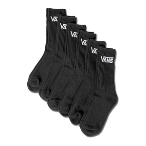 Six pairs of black crew socks featuring the Vans logo in white on the cuff.