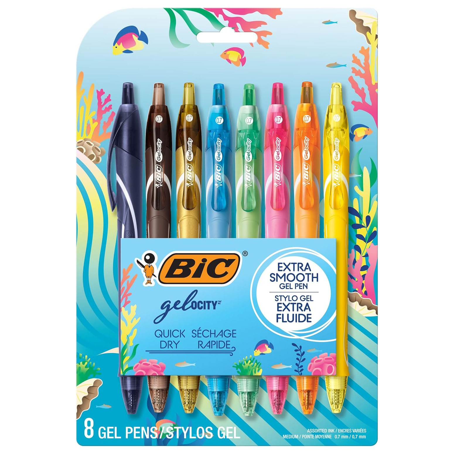 BIC Gelocity Ocean-Themed 8-pack features vibrant gel pens in blue, brown, gold, pink, yellow, orange, light blue, and green. They offer extra smooth writing, quick-drying ink, and a 0.7mm medium point. Packaging has colorful underwater designs.