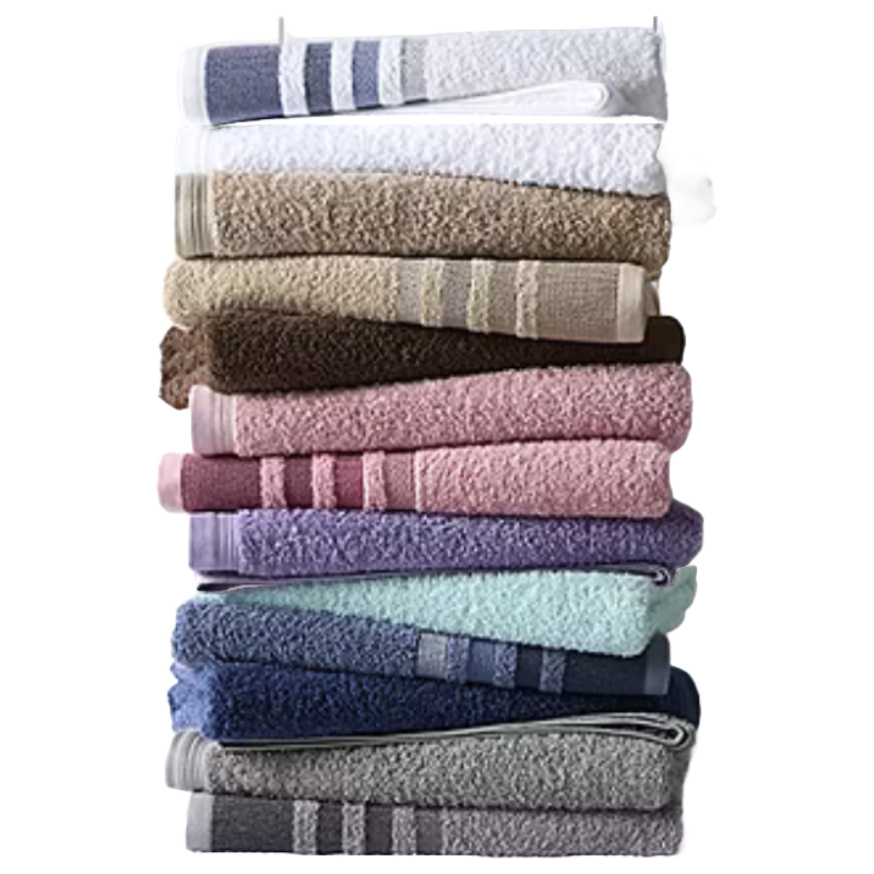 A stack of various colored towels, including shades of blue, pink, brown, and gray, neatly folded.