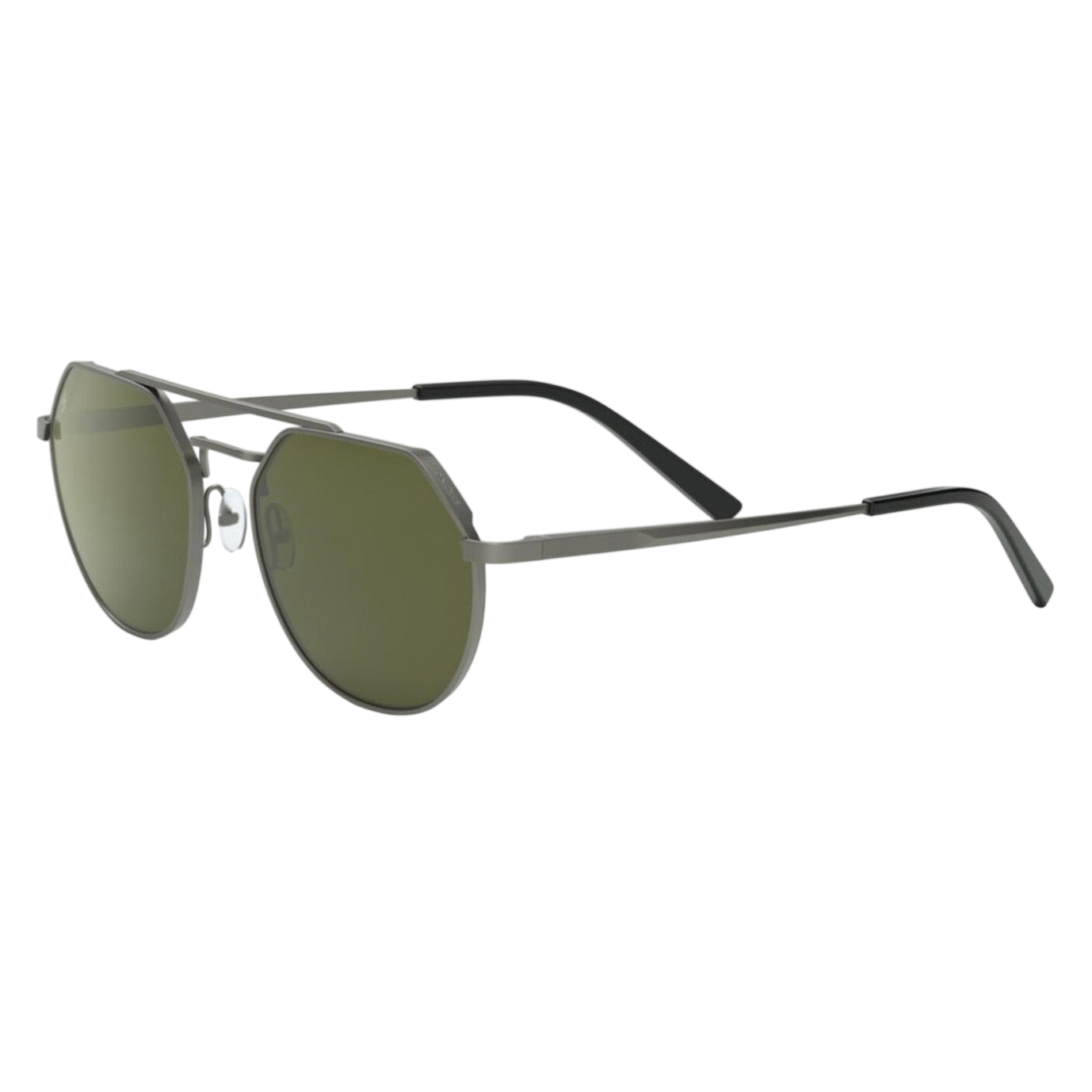 Sunglasses with a thin metal frame, green-tinted lenses, and black earpieces.