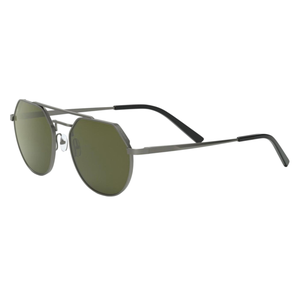 Sunglasses with a thin metal frame, green-tinted lenses, and black earpieces.