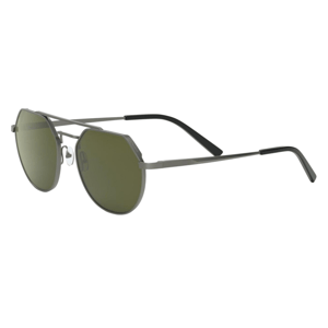 Sunglasses with a thin metal frame, green-tinted lenses, and black earpieces.