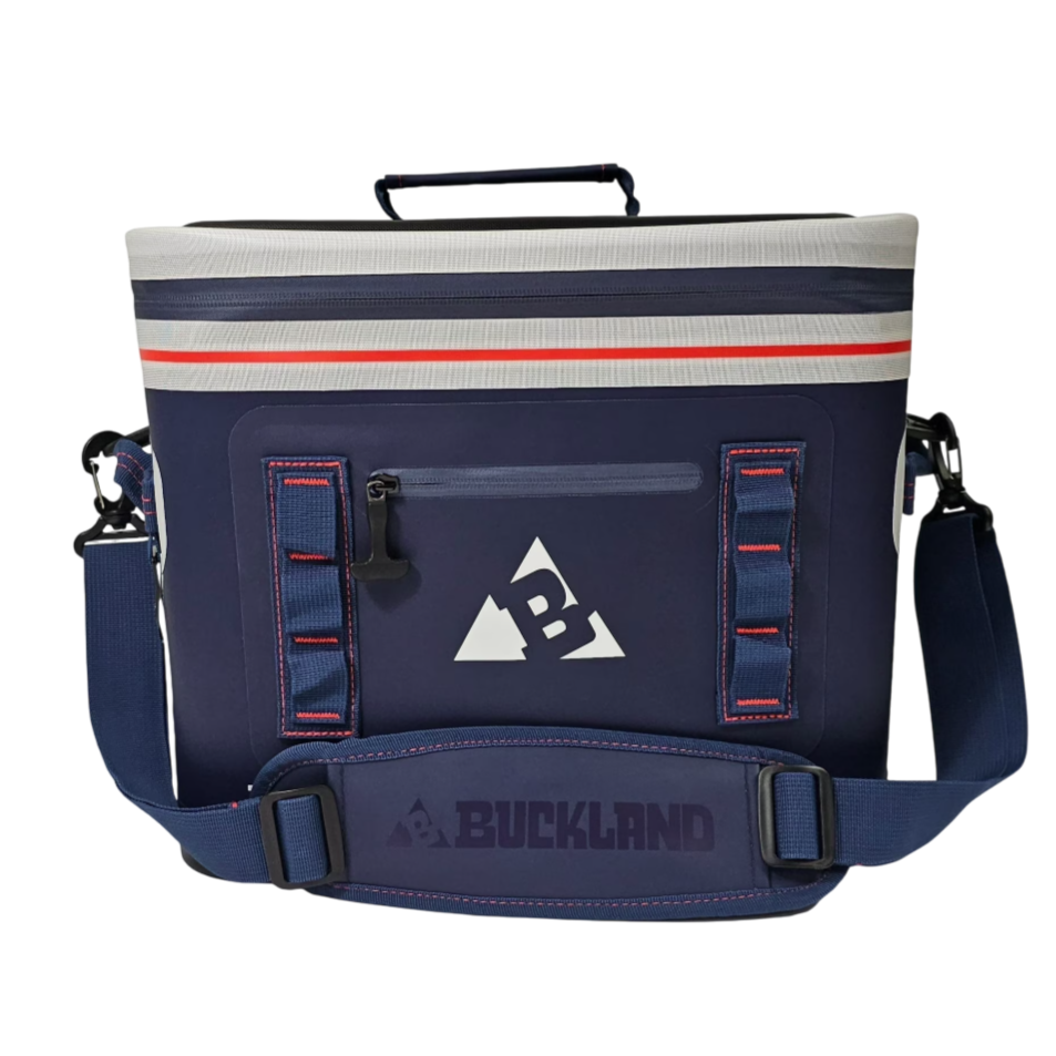 Buckland insulated cooler bag with blue and gray design, adjustable shoulder strap, and exterior zip pocket.