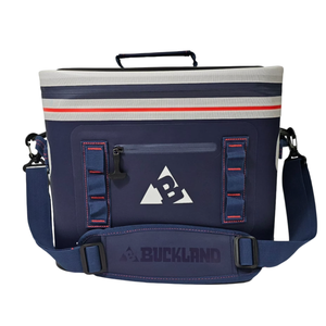 Buckland insulated cooler bag with blue and gray design, adjustable shoulder strap, and exterior zip pocket.