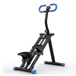 Compact black and blue exercise stepper machine with handlebars for stability and a digital display.