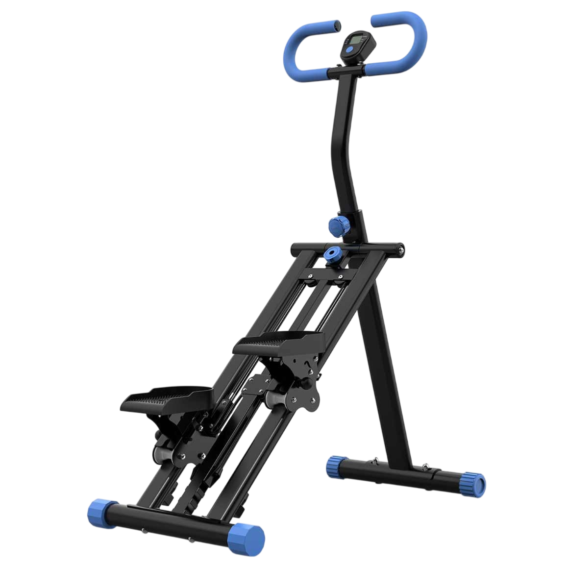 Compact black and blue exercise stepper machine with handlebars for stability and a digital display.
