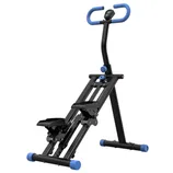 Compact black and blue exercise stepper machine with handlebars for stability and a digital display.
