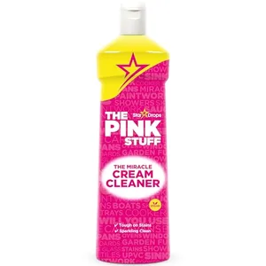The Pink Stuff Miracle Cream Cleaner, designed for tough stain removal and sparkling clean, comes in a bright pink bottle with a yellow star.