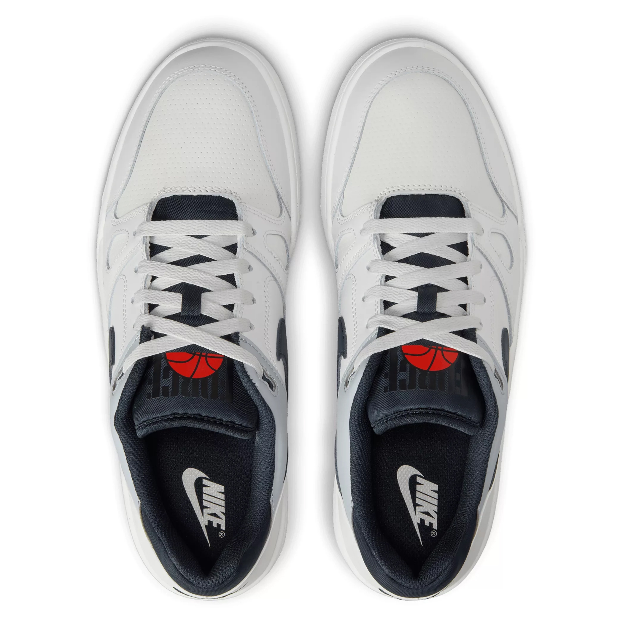 A pair of white Nike sneakers with black accents.
