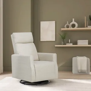 A light beige swivel recliner is set in a modern living room with a minimalist decor featuring shelves with decorative items and a small plant.