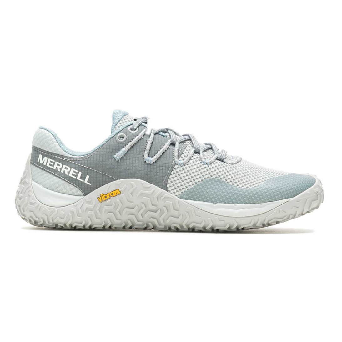 Merrell trail running shoe with a grey and light blue color scheme, featuring a textured Vibram sole for grip and durability.