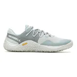 Merrell trail running shoe with a grey and light blue color scheme, featuring a textured Vibram sole for grip and durability.