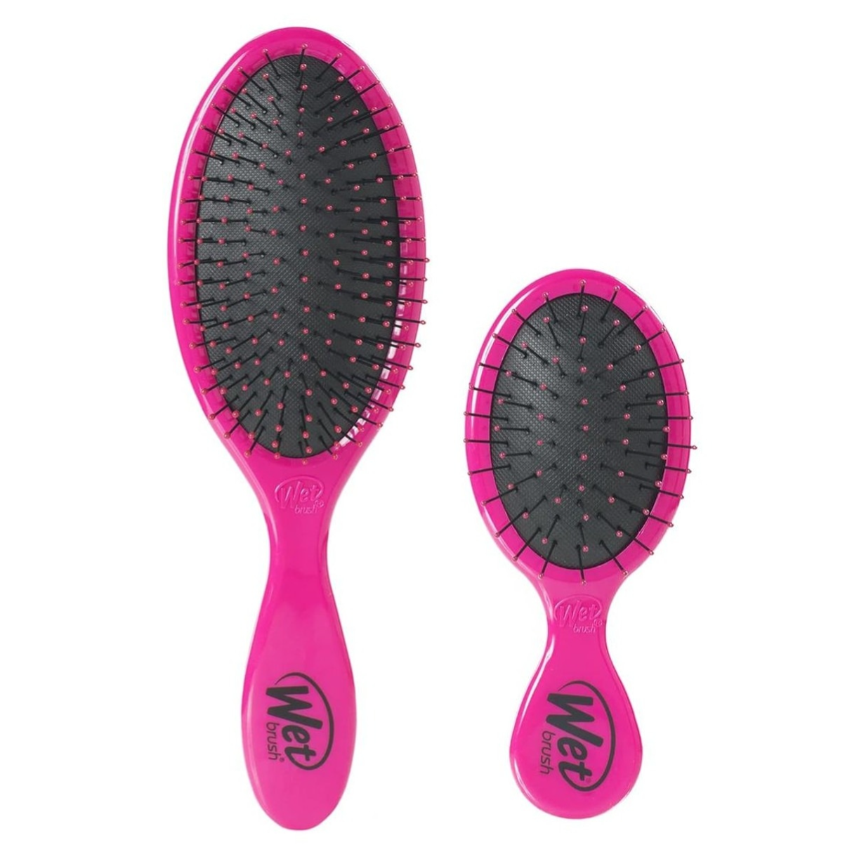 Two pink Wet Brush hairbrushes of different sizes with black bristles and pink tips, designed for detangling hair.