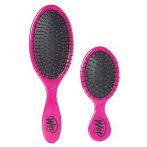 Two pink Wet Brush hairbrushes of different sizes with black bristles and pink tips, designed for detangling hair.