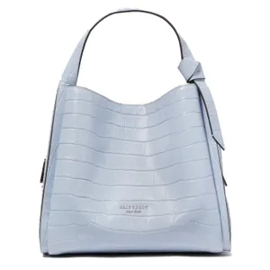 Light blue tote bag with a crocodile-embossed texture and the \“kate spade new york\“ logo. Features a single top handle with an adjustable strap detail.