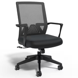 Black mesh back office chair with armrests and five-wheeled base.