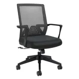 Black mesh back office chair with armrests and five-wheeled base.