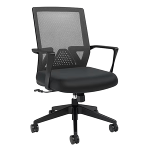 Black mesh back office chair with armrests and five-wheeled base.