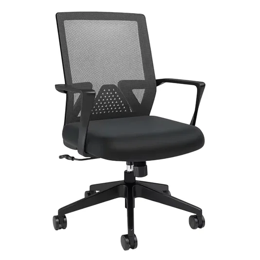 Black mesh back office chair with armrests and five-wheeled base.