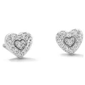 Heart-shaped silver stud earrings adorned with small, sparkling diamonds.