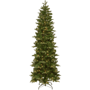 A tall, slender artificial Christmas tree with realistic green branches, pre-lit with warm white lights, and supported by a metal stand.