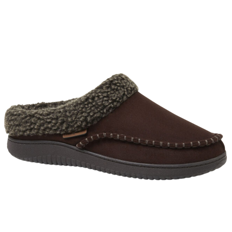 Brown slipper with a soft, textured lining and a sturdy, ridged sole, designed for cozy indoor wear.