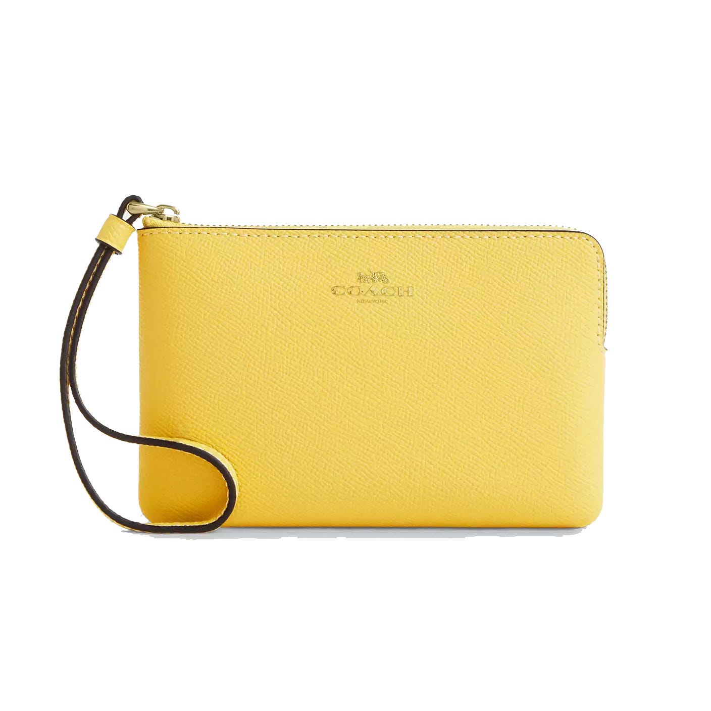 Yellow wristlet with a pebbled texture, featuring a zip closure and a detachable strap.
