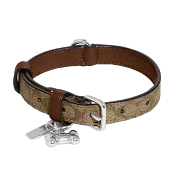 The Coach Signature Canvas Small Pet Collar features a classic brown monogram design with leather trim, a silver buckle, and decorative charms, suitable for small pets.