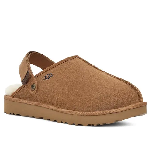 Tan UGG clog with a back strap, suede upper, and rubber sole.